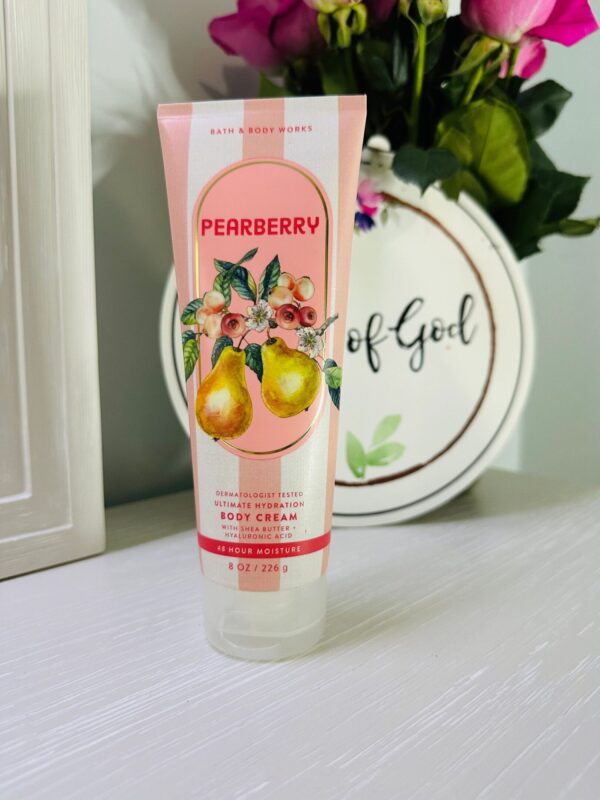 Pearberry lotion next to decorative sign