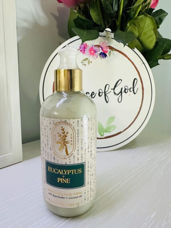 Eucalyptus Pine lotion bottle on table
