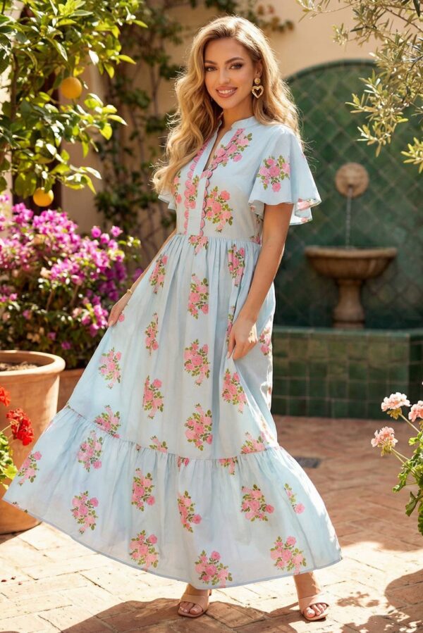 V Neck Flutter Short Sleeve Floral Maxi Dresses | S-4X