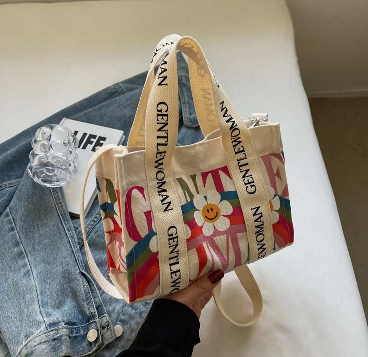 Casual printed letter canvas bag - Image 3