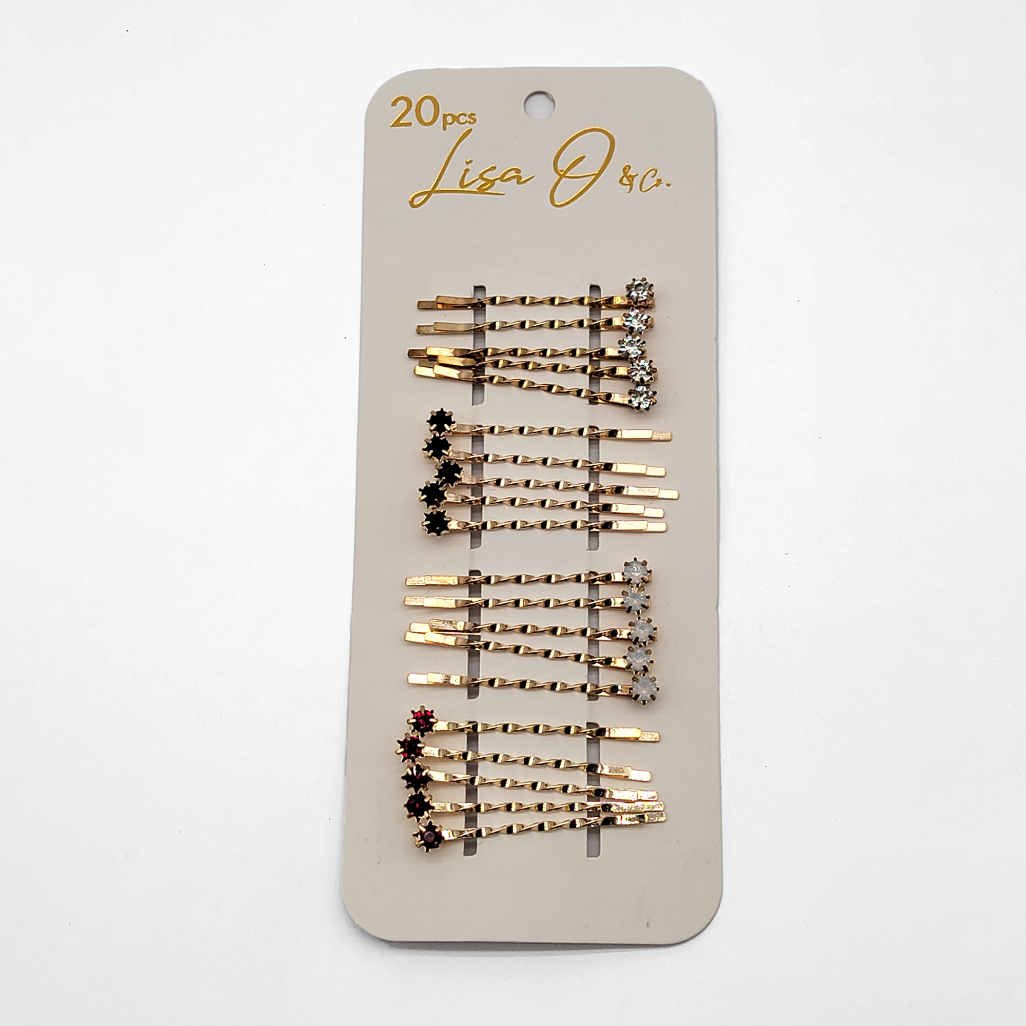 20-Piece Twisted Bobby Pin Set – Gold-Tone with Gem Accents