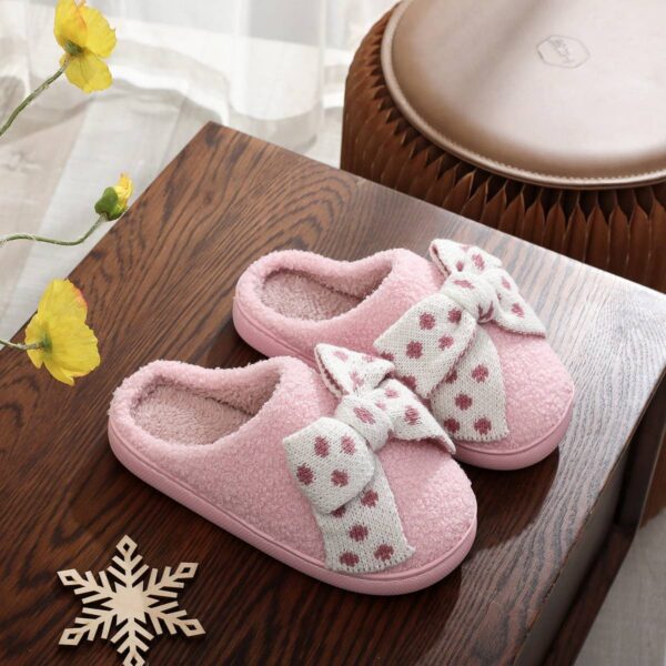 Polka Dot Bow Slippers Plush Winter Indoor Shoes