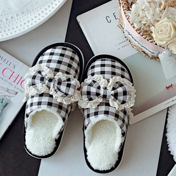 Women's checkered bow non-slip cotton slippers