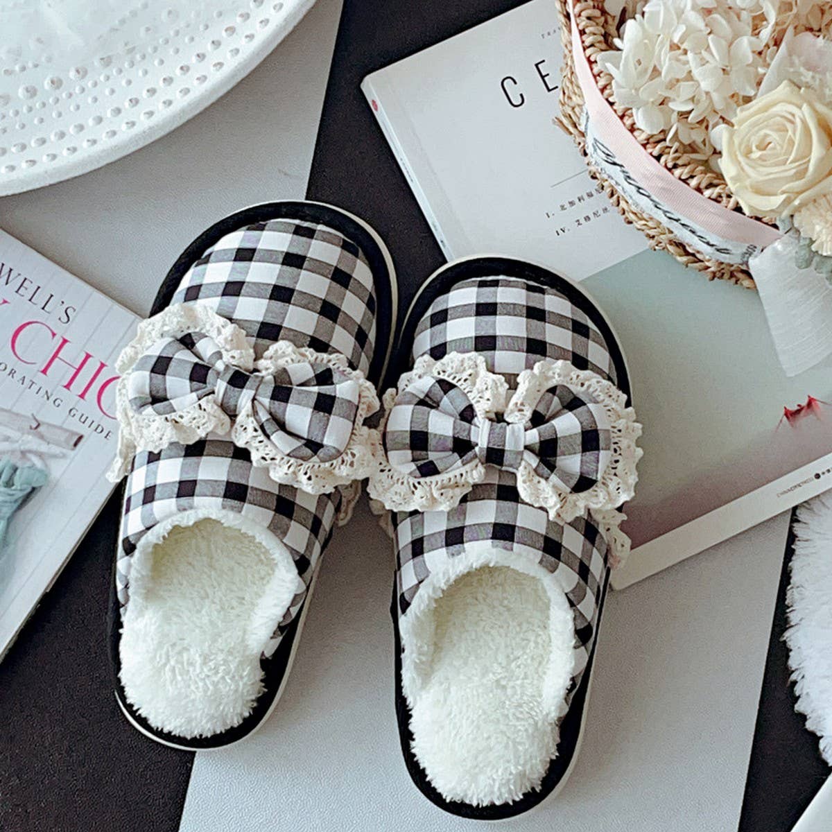 Women's checkered bow non-slip cotton slippers
