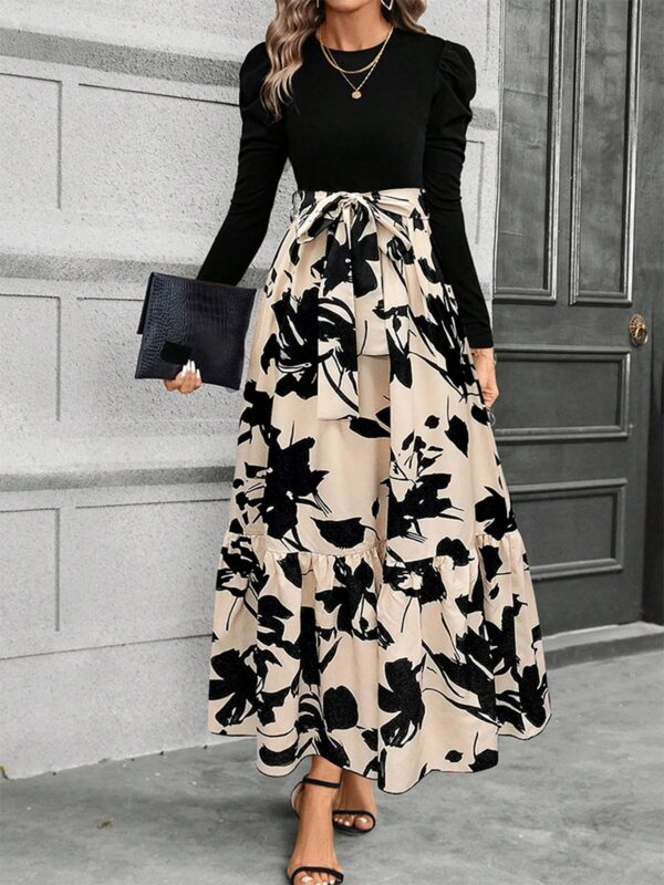 Printed Round Neck Long Sleeved Dress