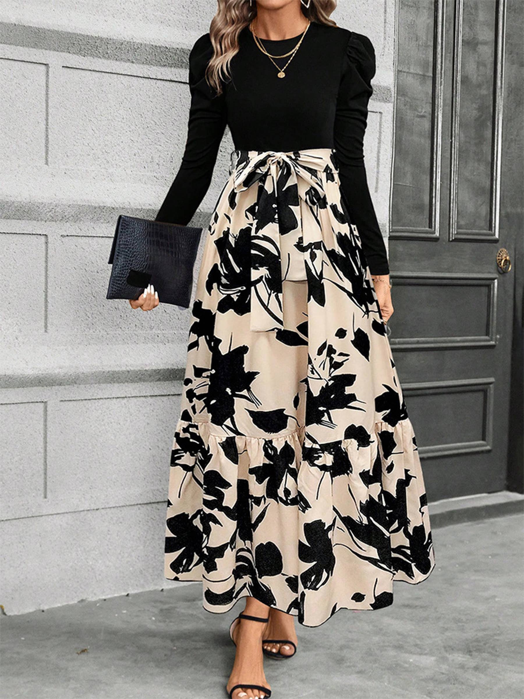 Printed Round Neck Long Sleeved Dress