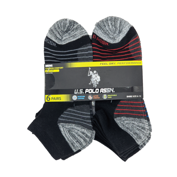 Men’s Low Cut Athletic Socks – 6 Pairs, Black/Grey, 6–12